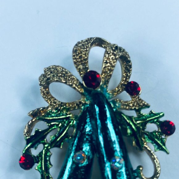 Long Two Bell Christmas Holiday Brooch Pin Holly Faux Pearls Rhinestone Bows - Picture 11 of 16